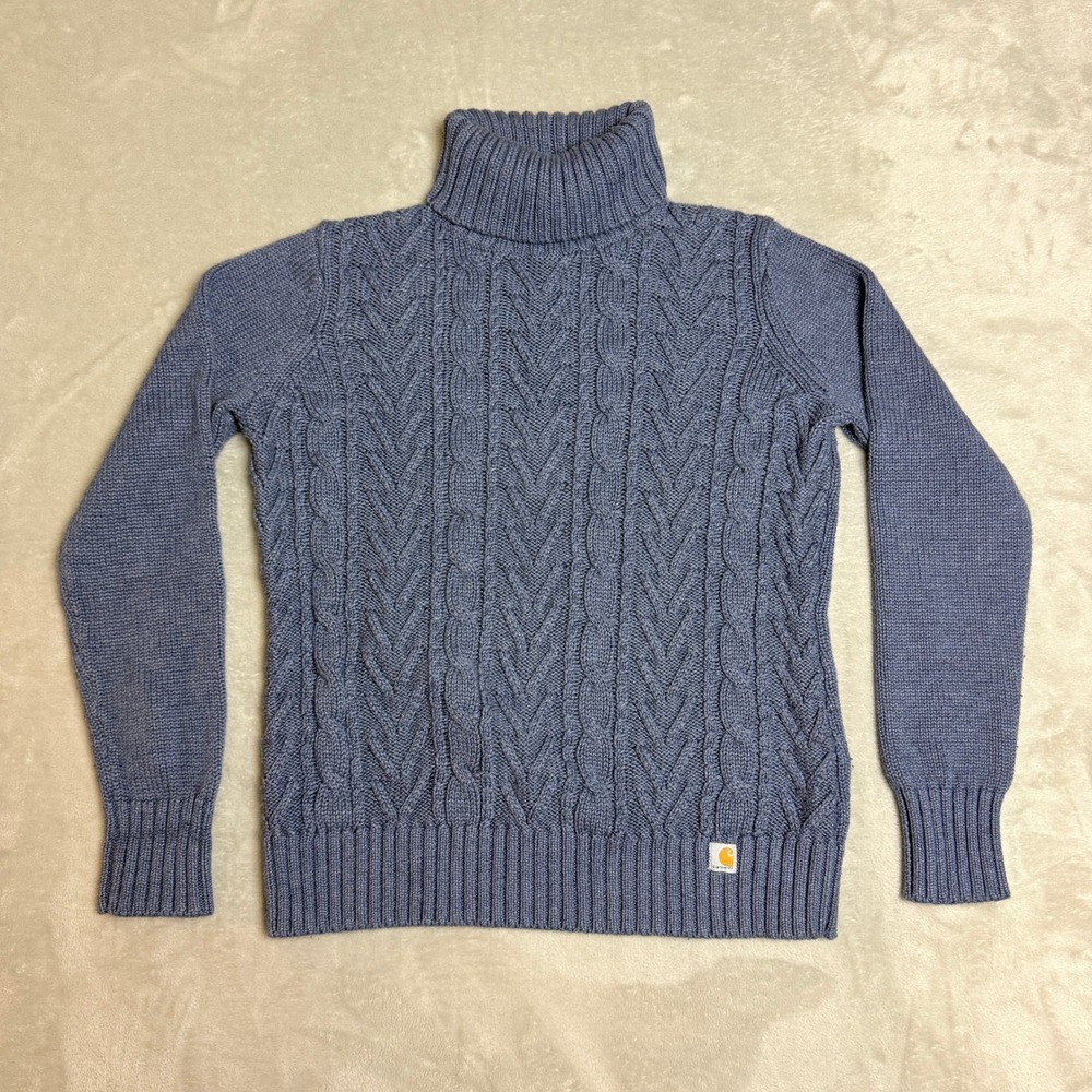 Carhartt Monatou Sweater Women M Purple Blue Turtleneck Cable Knit Fisherman EUC